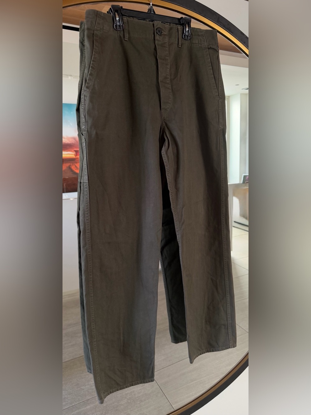 orSlow Made in Japan Olive Army Green Easy Pants  Button Fly 100% Cotton Large